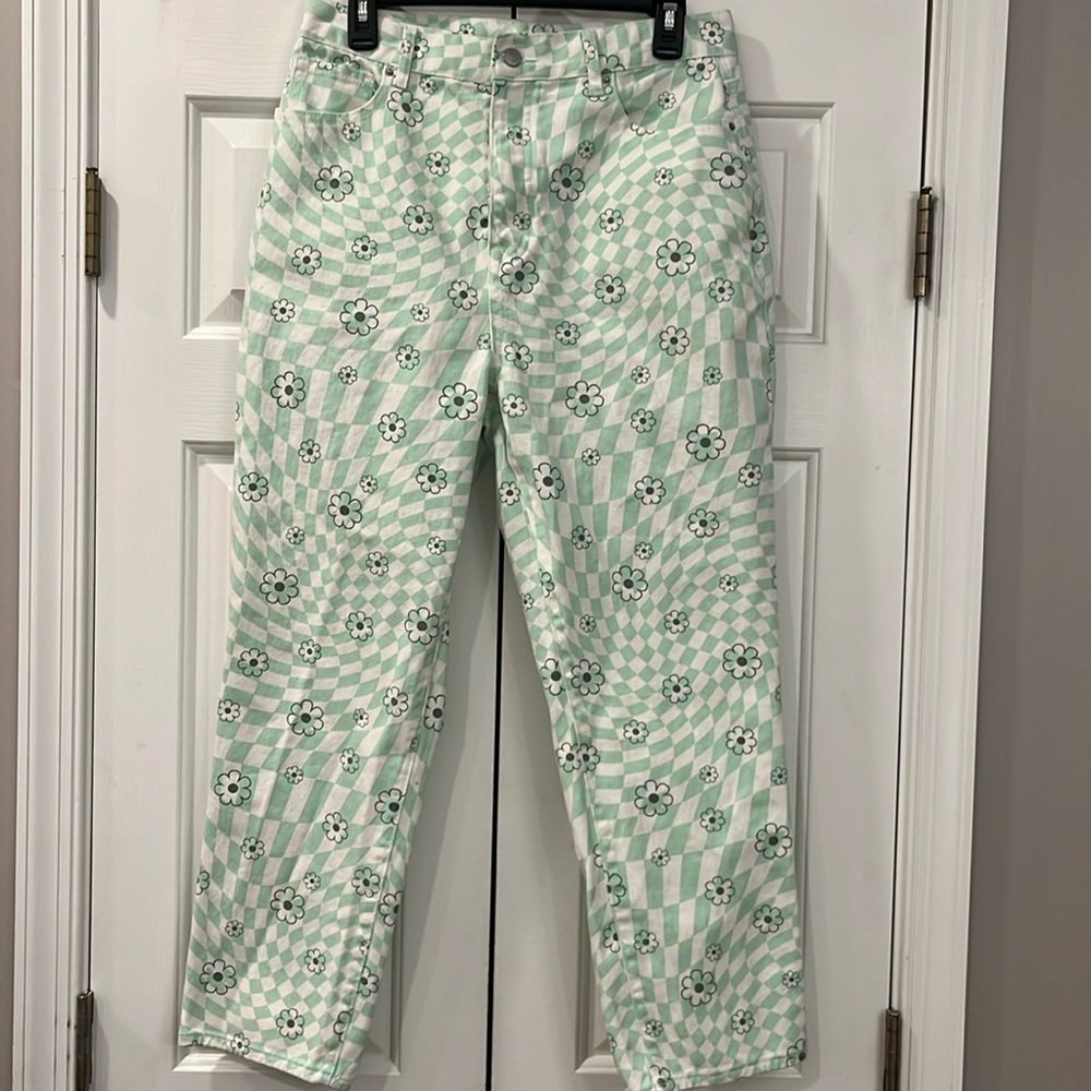 PacSun Eco Green Checkerboard Flower High-waisted Straight-leg Jeans size 30 EUC
